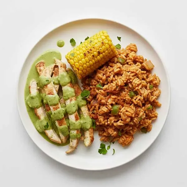 Aji verde glazed chicken with corn on cob & cajun rice