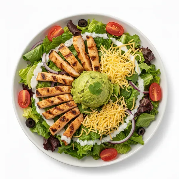 American style Chicken Salad Bowl with Cheese and guacamole