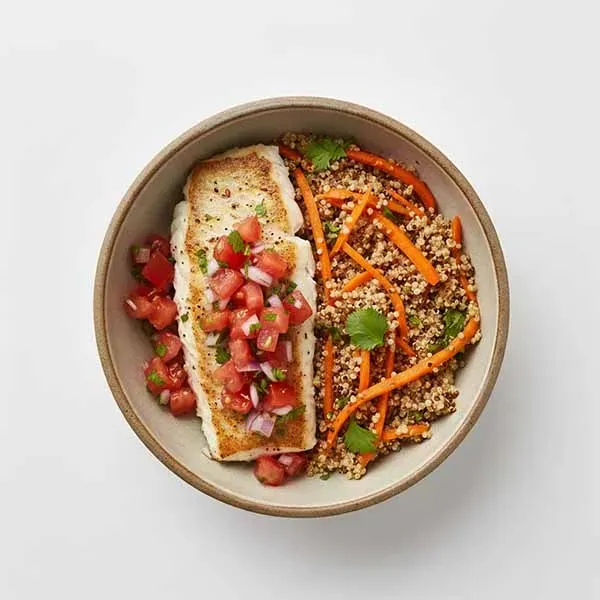 Anise flavoured Fish with Salsa Fresca & Pickle Onion Carrot Quinoa Mix