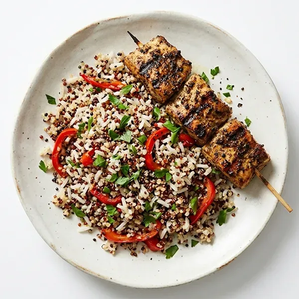 Anticuchos de pescado fish with peppered quinoa rice mix