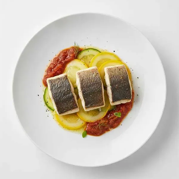 Garden-Fresh Basil Fish over Squash Carpaccio with a Slow-Simmered Fennel-Tomato Glaze
