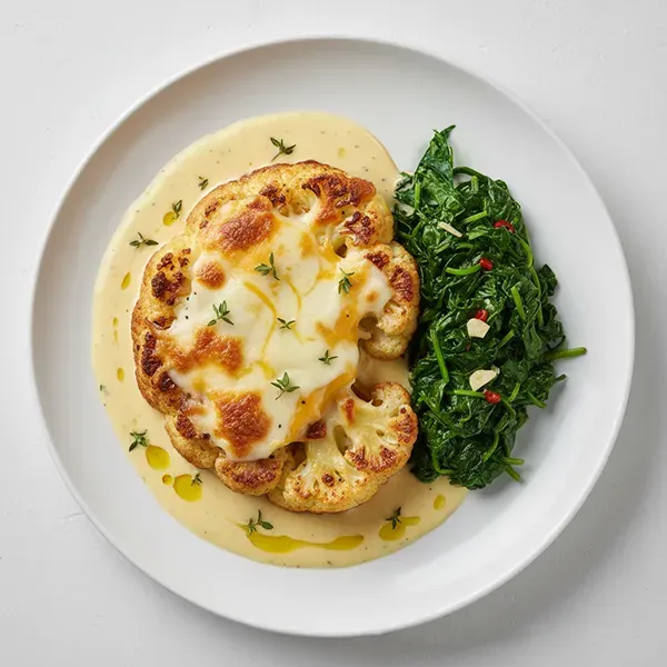 Baked Cheesy Cauliflower Steak with Florentine Sauce & Sauteed Spinach