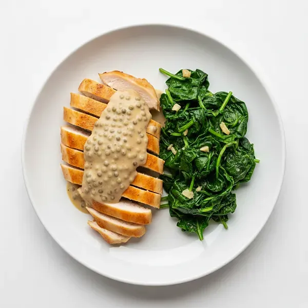 Baked chicken with peppercorn sauce and sauteed spinach veggies