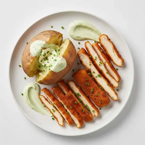 Baked chipotle chicken tenders with chives butter jacket potato and creamy jalapeno sauce
