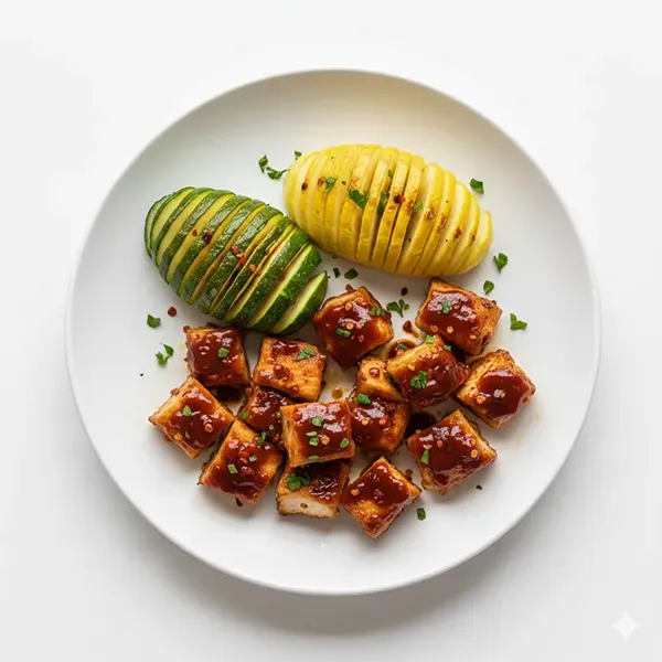 Bbq glazed chicken tenders with summer squash and zucchini hasselback