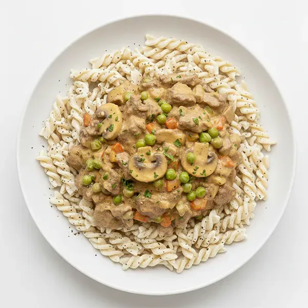Beef a la king with pepper fusilli pasta
