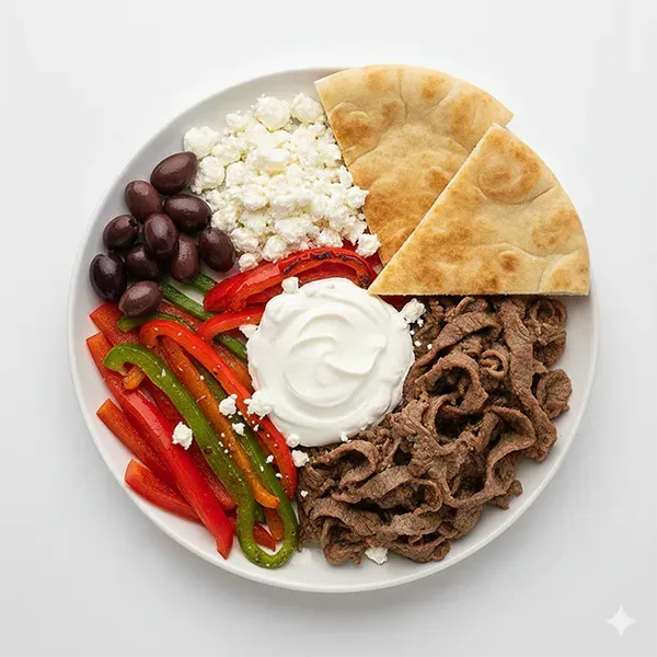Beef gyro bowl with feta crumble, kalamata olives, peppers, pita bread and dill greek yoghurt sauce