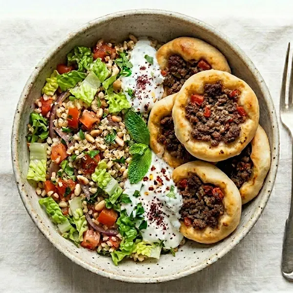 Beef sfiha with lemon bulgur