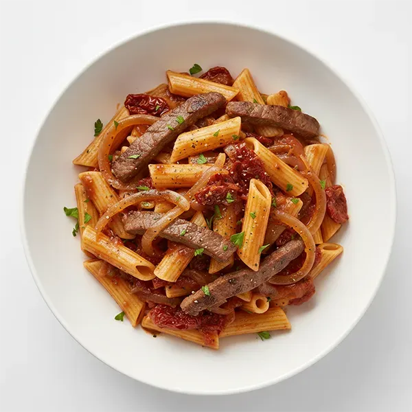 Beef Strip Pasta With Caramelized onion and Sundried Tomato