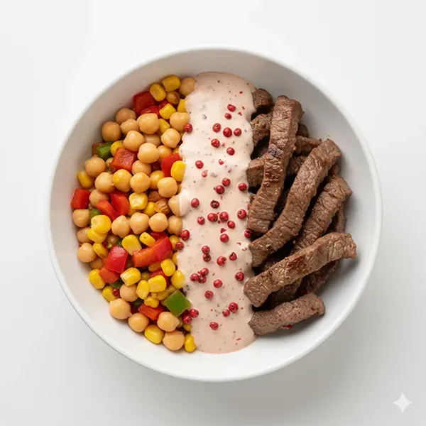 beef strips with chickpeas corn medley and pink pepper corn sauce