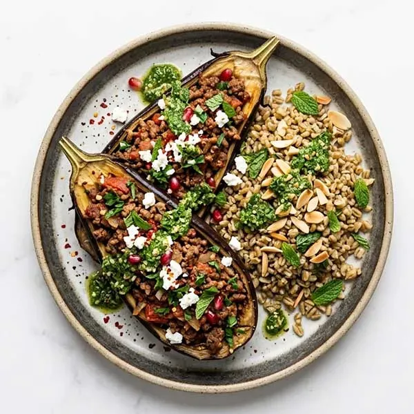 Beef Stuffed Eggplant with Freekeh & Mint Pesto