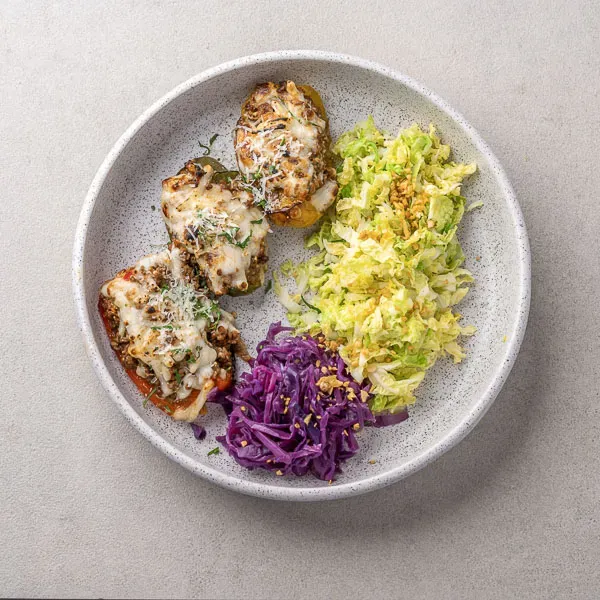 Beef Stuffed with Chilli Pepper and Sautéed Garlic Napa Cabbage