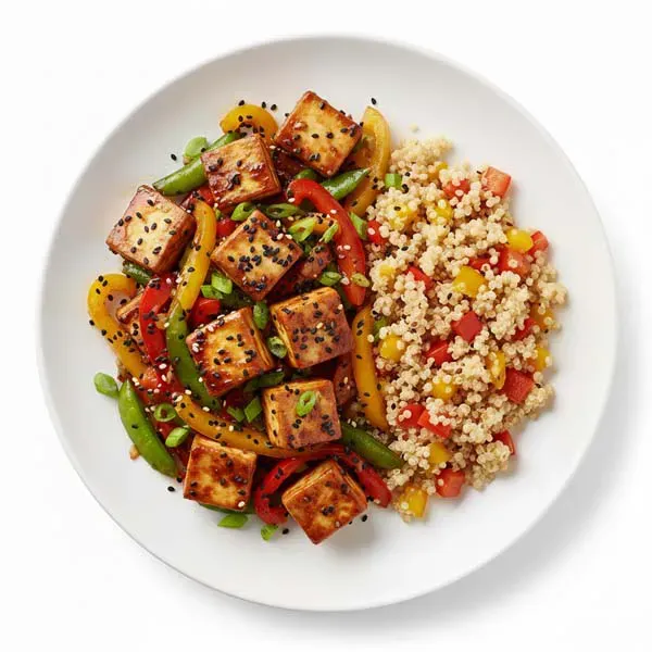 Black Sesame Tofu Stir fry with bell pepper quinoa