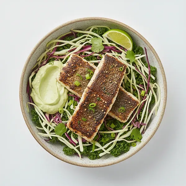 Blackened Fish With Kale Cabbage Mix and Avocado Cream
