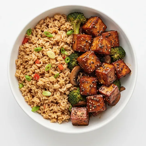 Braised Black Pepper Tofu & Vegetables with Scallion Garlic Fried Rice