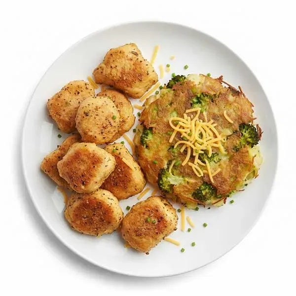 Breaded garlic chicken bites with shredded cheese crust broccoli rosti