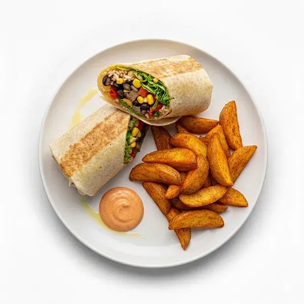 Burrito vegetable wrap with baked peri peri wedges