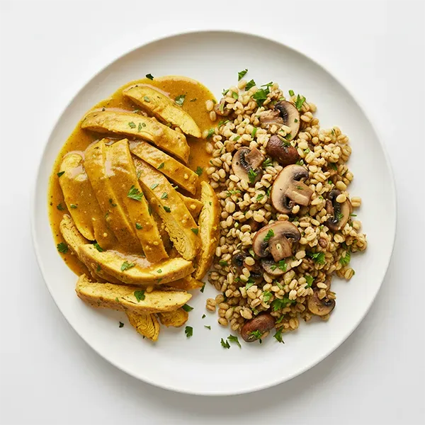 Caribbean curried chicken with herby mushroom barley