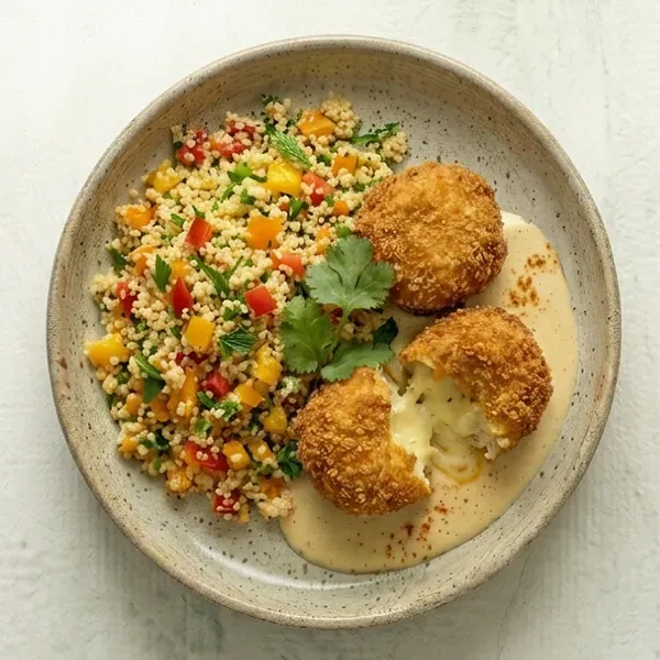 Spiced Fish croquette with bell pepper couscous