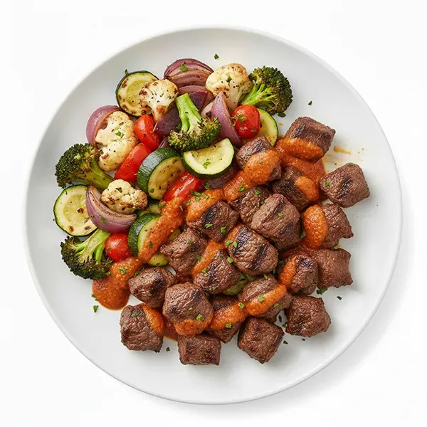 Charred Turkish beef kebab with garlic harissa drizzle and veggie mix