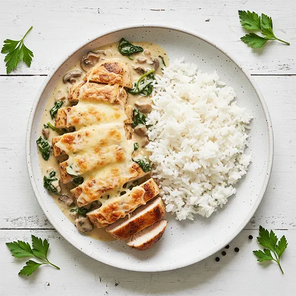 Cheesy Chicken & Wild Mushroom Florentine with Rice