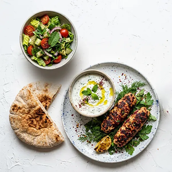 Chicken and beetroot mince kebab with bil leban and pita bread