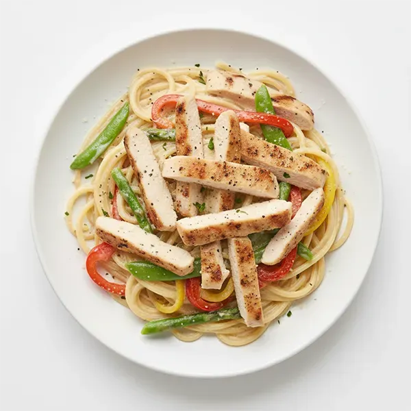 Chicken primavera with creamy garlic spaghetti