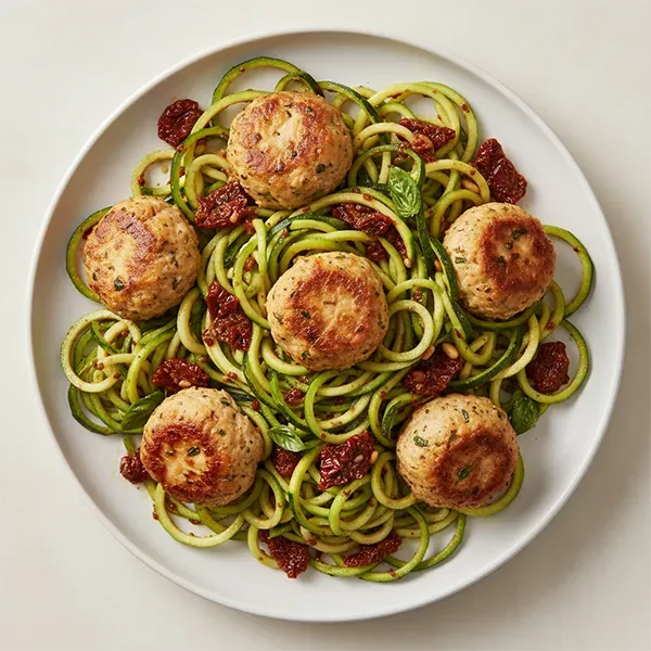 Chicken Romano Meatballs w/ Zucchini Noodles & Sun dried tomato Basil Pesto