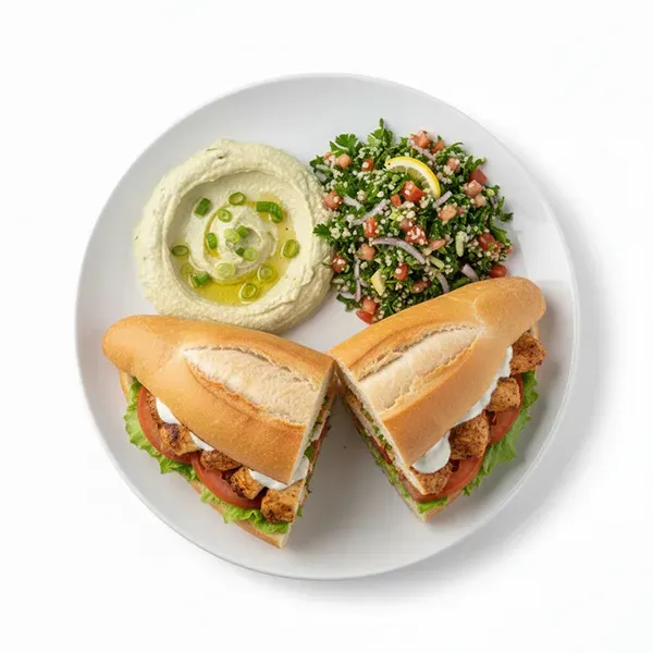 Chicken samoon sandwich with scallion hummus and tabbouleh