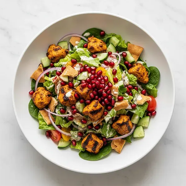 Chicken Tikka Fattoush Fusion Salad With Pomegranate Pearls