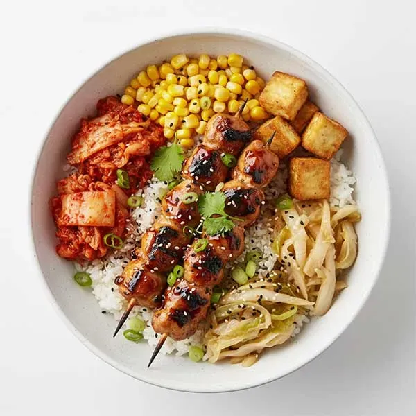 Chicken Yakirtori rice Bowl - Kimchi/Corn Kernel/fried Tofu/Braised cabbage