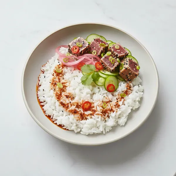 Chilly infused Tuna rice bowl with pickled cucumber and red onion