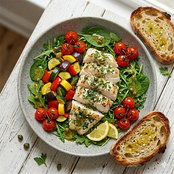 Coastal Herb Fish with Lemon Caper Drizzle and Ratatouille