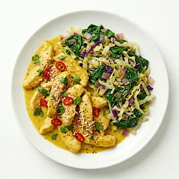Coconut Turmeric Chicken with Sautéed Spinach and Cabbage