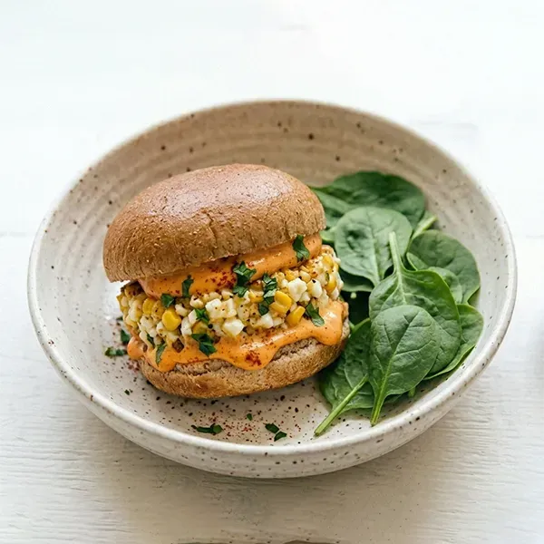 Cottage cheese and Corn Burger with paprika mayo