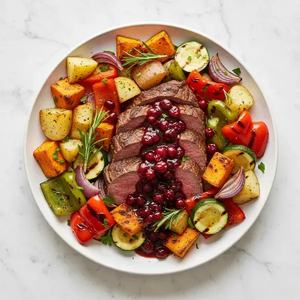 Cranberry Balsamic Beef Roast with grilled Seasonal Veggies