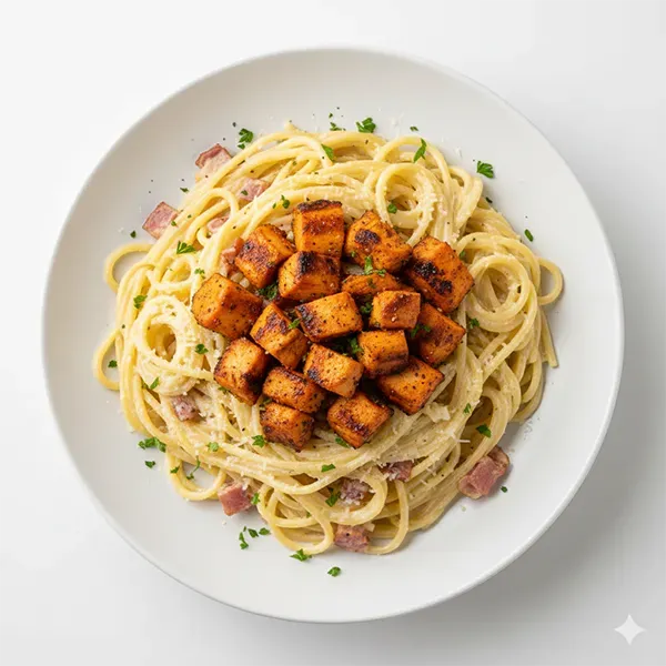 Creamy pasta carbonara with paprika-grilled chicken