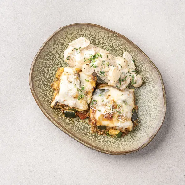 Creamy Shallot Fish with Aubergine and Zucchini Moussaka
