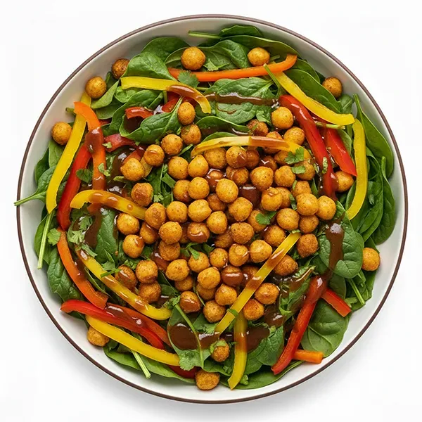 Curried chickpea spinach and bell pepper salad with tamarind lime dressing