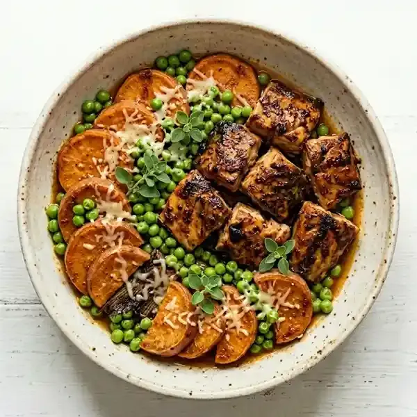 Fish Masgouf with Sliced Sweet Potato & Green Peas Mix