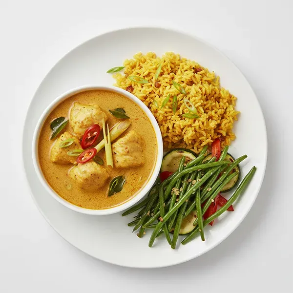 Fragrant Javanese fish curry with roasted turmeric rice and grilled veggies