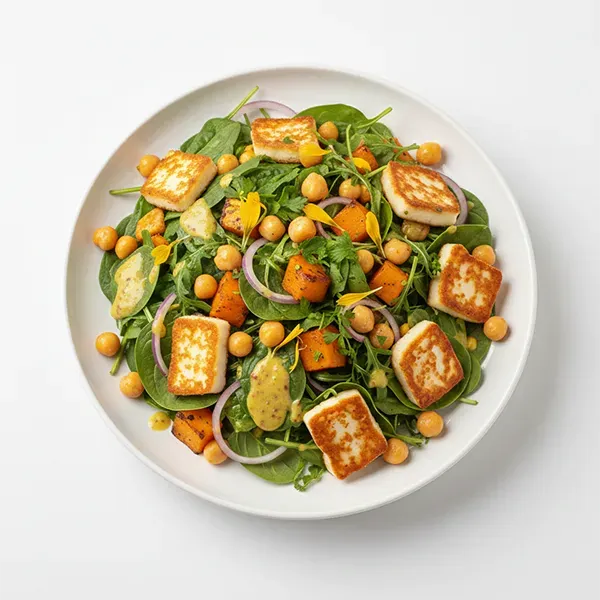 Butternut Squash & Baked Halloumi Salad With Lemon Mustard Dressing