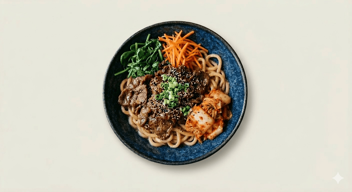 Asian beef bowl with kimchi, sesame and Noodle
