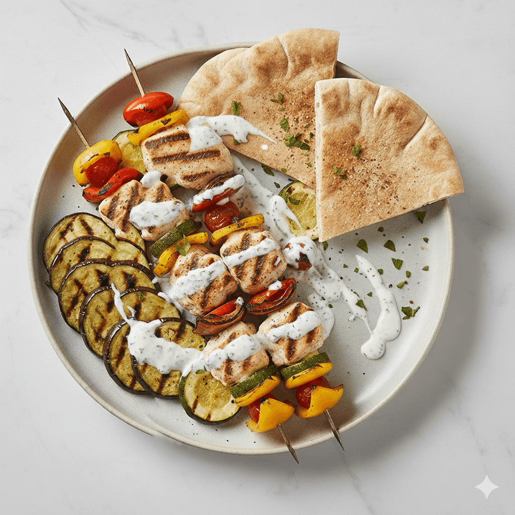 Lebanese Fish Kebab with Grilled Vegetable & Brown Pita