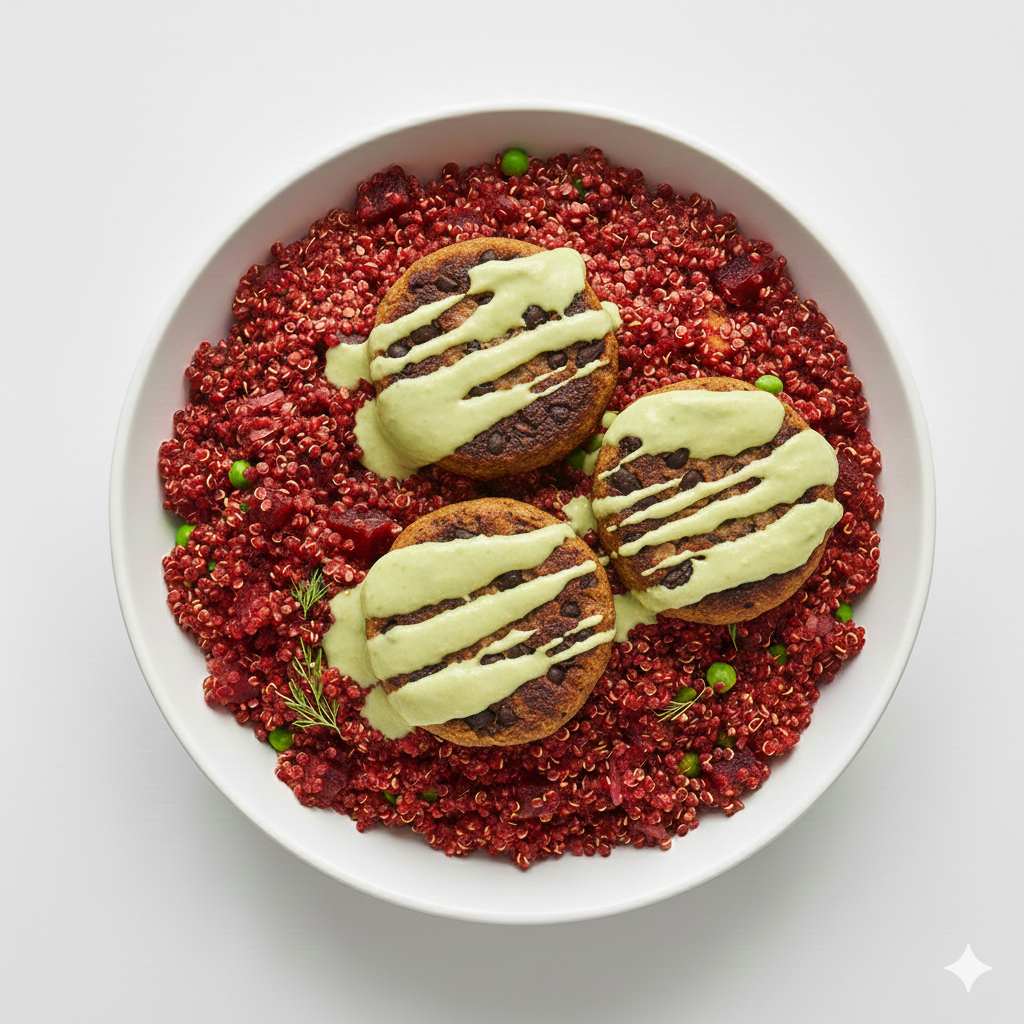 Black Bean Burger Bowl With Beetroot Quinoa Mix