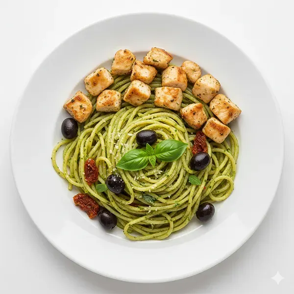Pesto Chicken with Olive Spaghetti