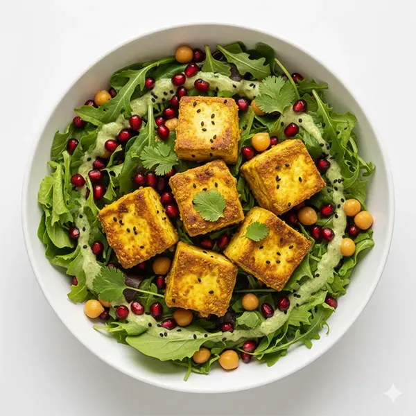 Mustard-Marinated Tofu Tikka Salad with Pomegranate, Chickpeas & Coriander Dressing