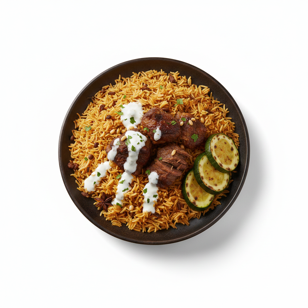 Kabsa Beef Misri with roasted zucchini and yogurt drizzle