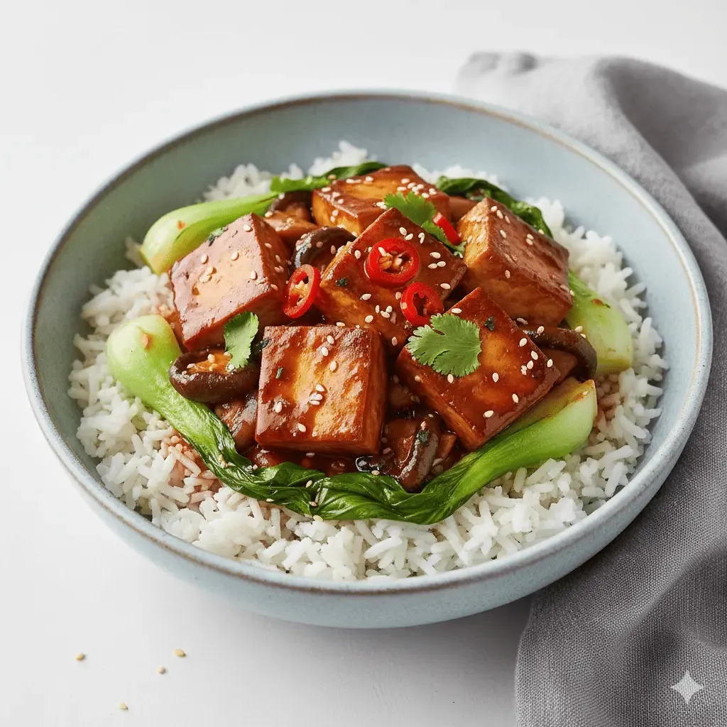 Spicy Braised Tofu with Mushroom & Bok Choy Jasmine Rice