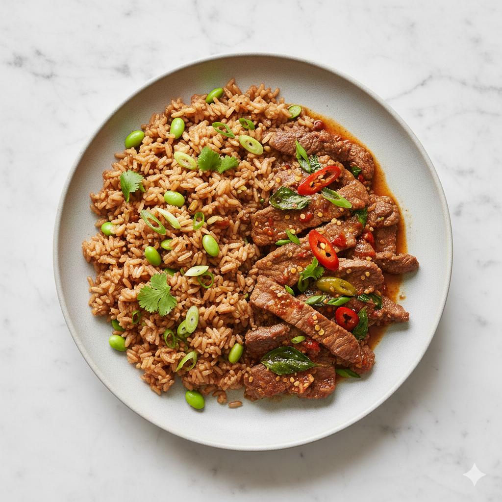 Thai beef Krapow With Edamame Jasmine Fried Rice